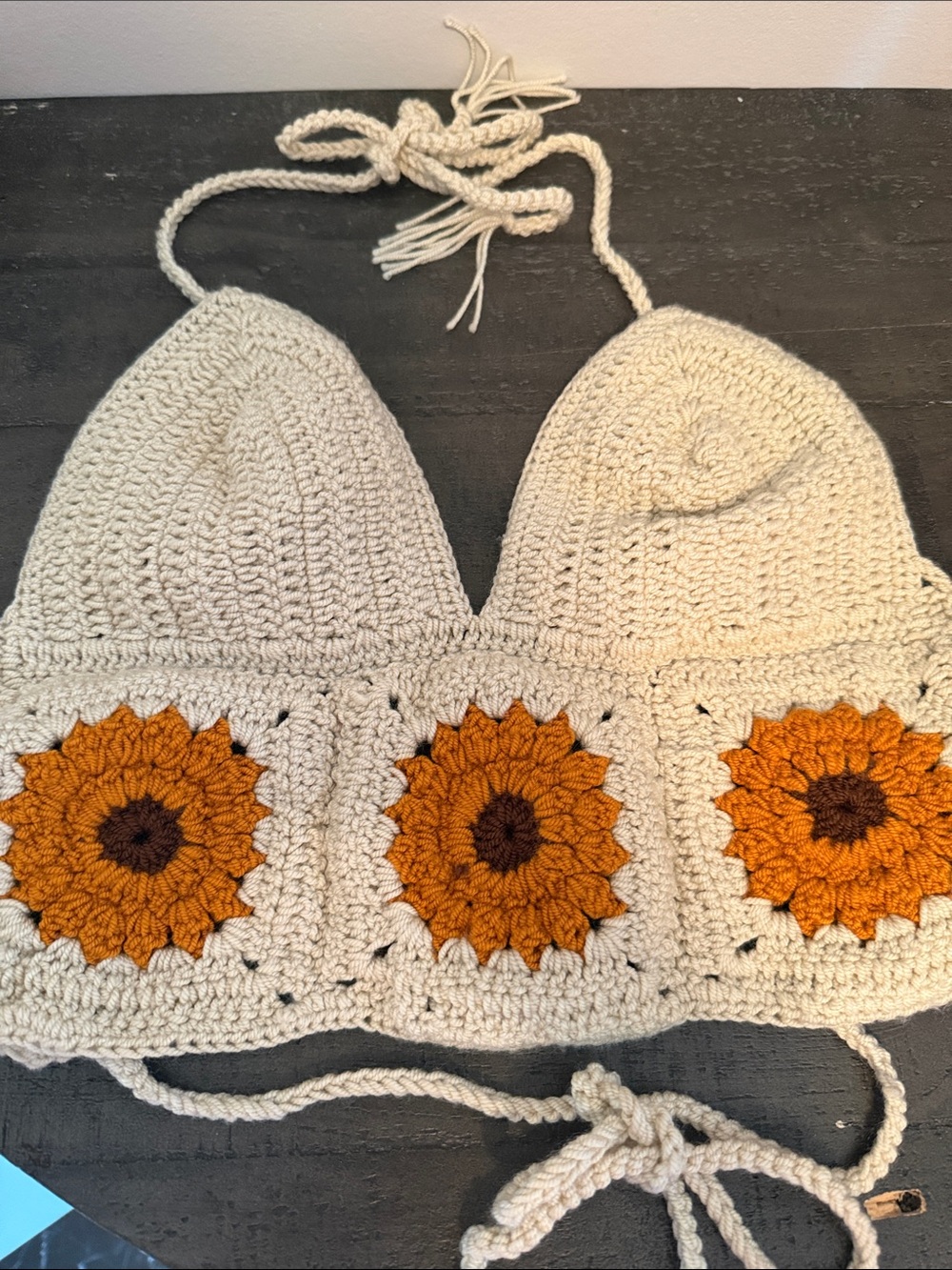 Crocheted Hand Crafted Sunflower Crop Top in Cream and Burnt Orange